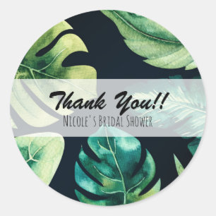 Sticker Rond Favor de mariage élégant noir feuilles tropicales 