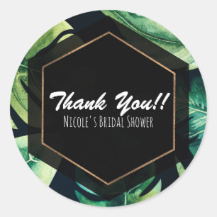 Sticker Rond Favor de mariage élégant noir feuilles tropicales 