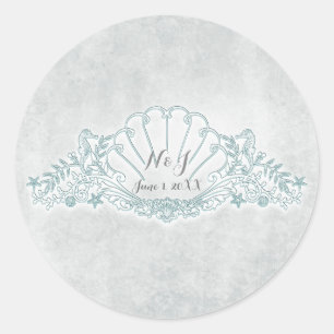 Sticker Rond Favor de mariage plage chevaux de mer et coquillag