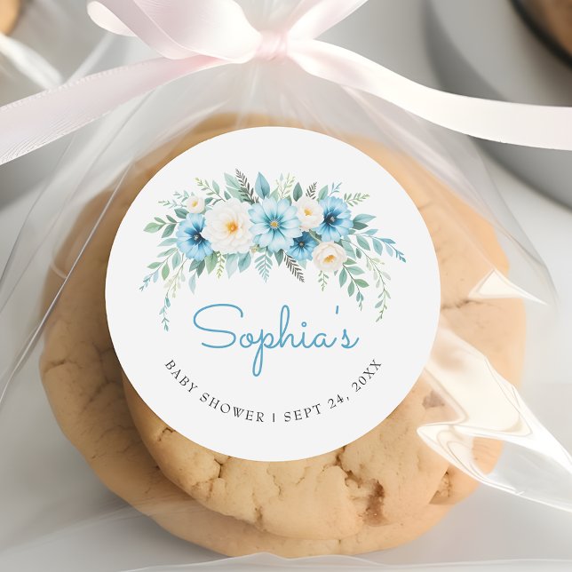 Sticker Rond Favori de Baby Shower Élégant Fleurs Bleu Pastel D (Créateur téléchargé)