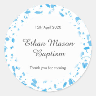 Sticker Rond Favori de baptême avec confettis bleu bébé