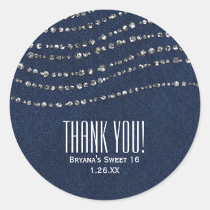 Sticker Rond Favori de fête Blue Denim & Diamonds Sparkle Bling