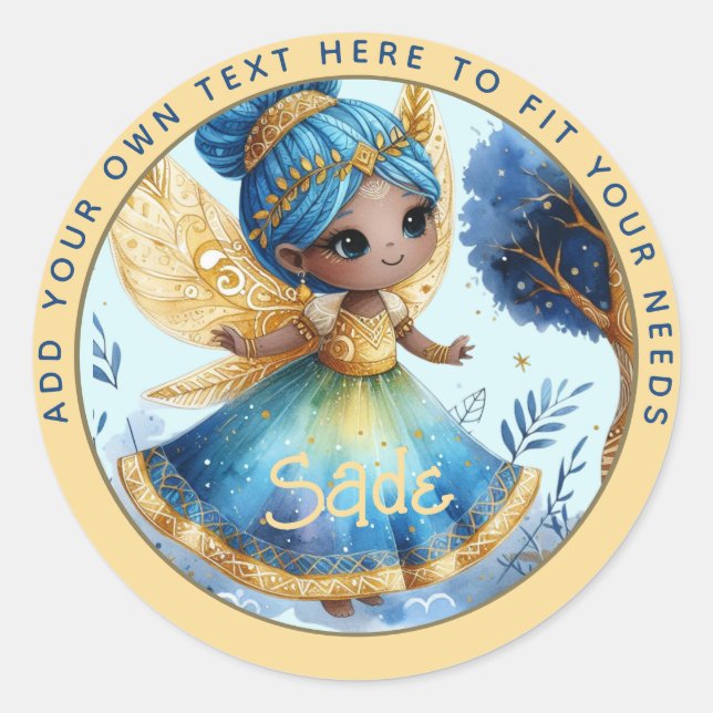 Sticker Rond Fée africaine Anniversaire Turquoise or rose princ (Devant)