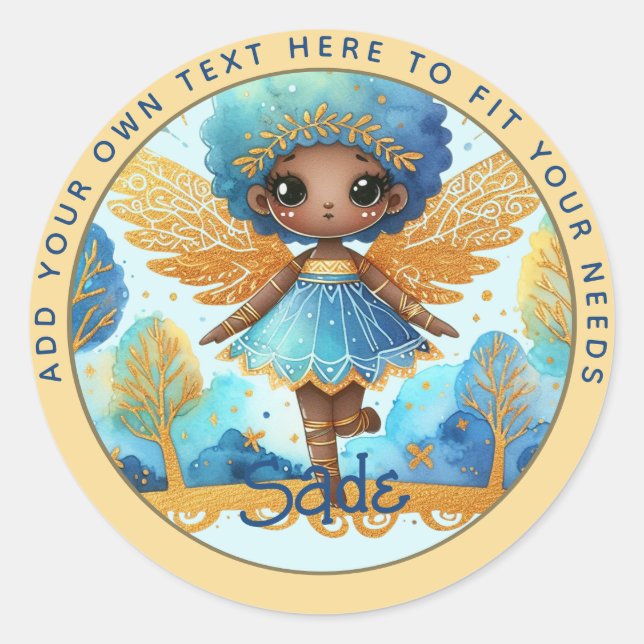 Sticker Rond Fée africaine Anniversaire Turquoise or rose princ (Devant)