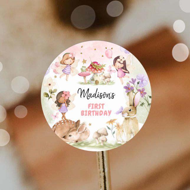 Sticker Rond Fée Anniversaire 1er Enchanted Forest Girl Floral (Créateur téléchargé)