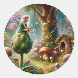Sticker Rond Fée assise sur un Artichoke Illutration magique