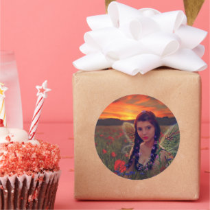 Sticker Rond Fée au coucher du soleil dans un champ de pavots I