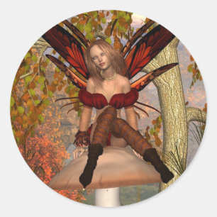 Sticker Rond Fée d'automne assise sur un tabouret en bois