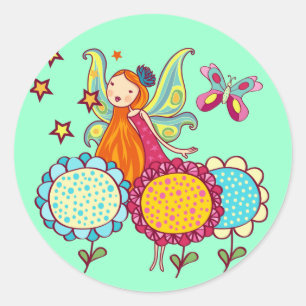 Sticker Rond Fée de jardin avec des fleurs