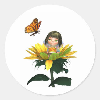 Sticker Rond Fée de tournesol de bébé avec papillon