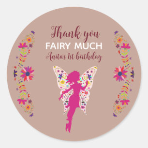Sticker Rond Fée rose 1er anniversaire Merci Classic Round St