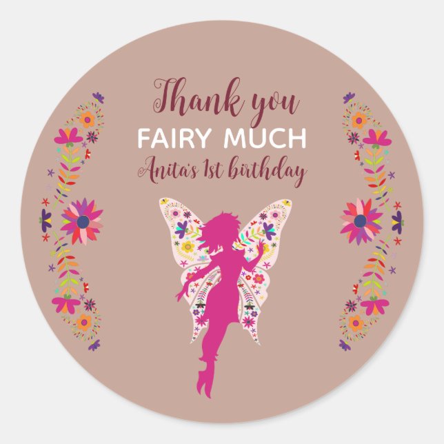 Sticker Rond Fée rose 1er anniversaire Merci Classic Round St (Devant)