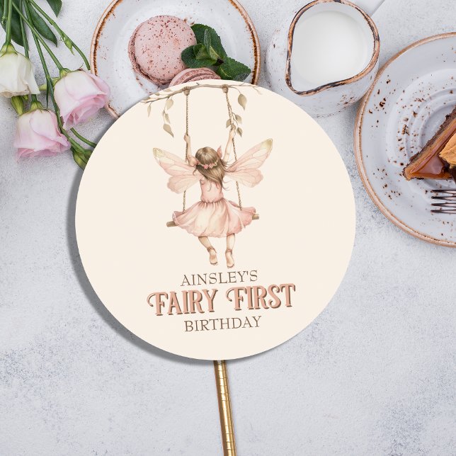 Sticker Rond Fée rose pâle personnalisée Premier 1er anniversai (Créateur téléchargé)