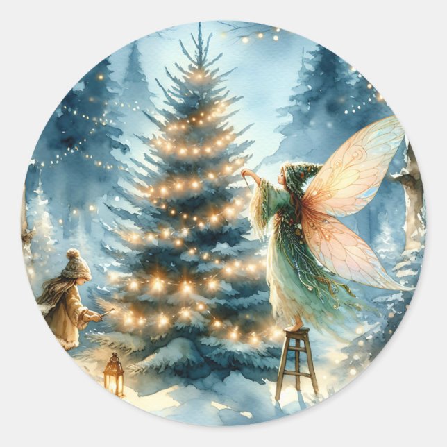 Sticker Rond Fées de Whimsical en Wonderland hivernal (Devant)