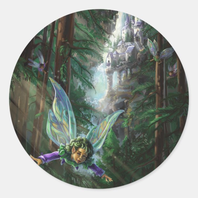 Sticker Rond Fées forestières et château de cascade Art (Devant)