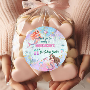 Sticker Rond Fées Sirènes Paillettes Rose Violet pour Anniversa