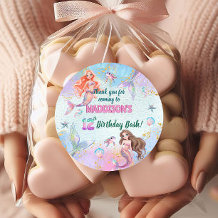 Sticker Rond Fées Sirènes Paillettes Rose Violet pour une Fête