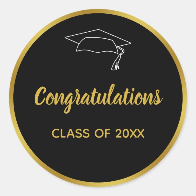 Sticker Rond Félicitations à la Graduation Black and Faux Gold (Devant)