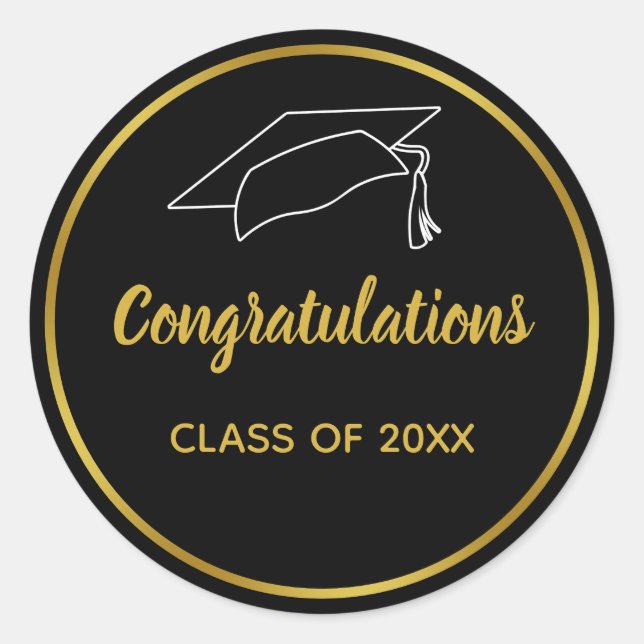 Sticker Rond Félicitations à la Graduation Black and Faux Gold (Devant)
