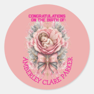 Sticker Rond Félicitations Bébé Fée fille Rose Rose Naissance