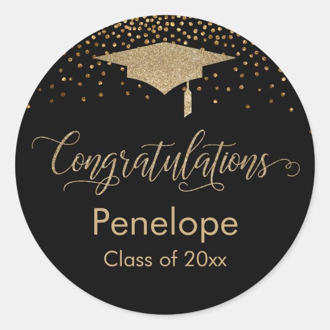 Sticker Rond Félicitations Gold Confetti Graduation Noir (Devant)