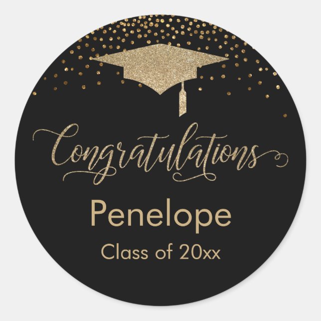 Sticker Rond Félicitations Gold Confetti Graduation Noir (Devant)