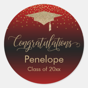 Sticker Rond Félicitations Gold Confetti Graduation Rouge