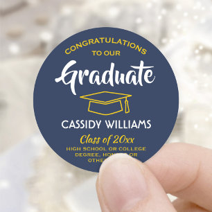Sticker Rond Félicitations Marine Bleu et Gold Graduation