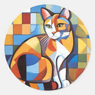 Sticker Rond Feline Abstraite Beauté Calico Cat Cubist