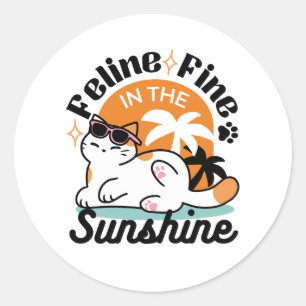 Sticker Rond Feline fin au soleil - Chat Tropical relaxé
