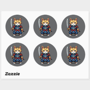 Sticker Rond Feline Samurai Warrior