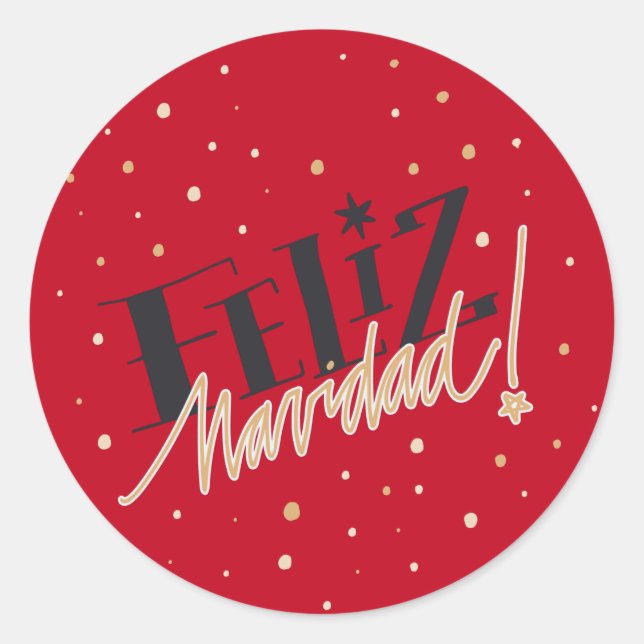 Sticker Rond Feliz Navidad, Joyeux Noël, Rouge, Or (Devant)