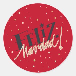 Sticker Rond Feliz Navidad, Joyeux Noël, Rouge, Or
