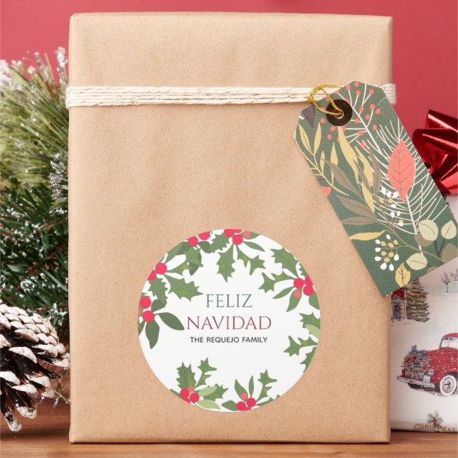 Sticker Rond Feliz Navidad Red Holly Berries Noël (vacances)