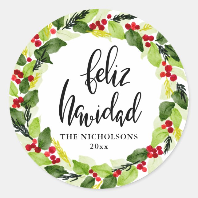 Sticker Rond Feliz Navidad Script Red Berry Vacances Wreath (Devant)