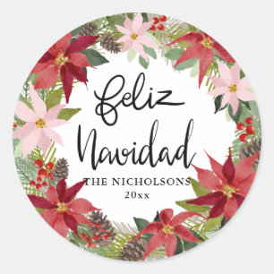 Sticker Rond Feliz Navidad Script Rouge Poinsettia Wreath Class