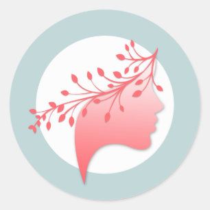 Sticker Rond Femine Silhouette Logo féminin Corail et bleu