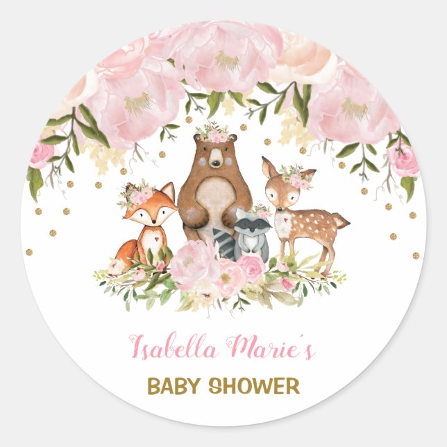 Sticker Rond Feminine Bois Baby shower Blush Floral Faveurs (Devant)