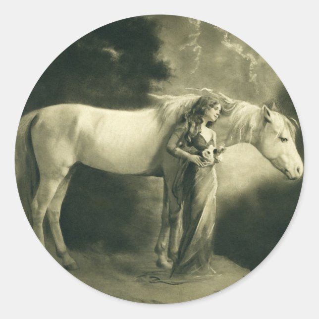 Sticker Rond Femme à cheval blanc. (Devant)