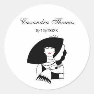 Sticker Rond Femme Art Déco au grand chapeau gants RL