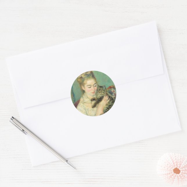 Sticker Rond Femme au chat par Auguste Renoir (Enveloppe)