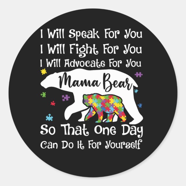 Sticker Rond Femme Autisme Ours Mama Je parlerai Avocat de comb (Devant)