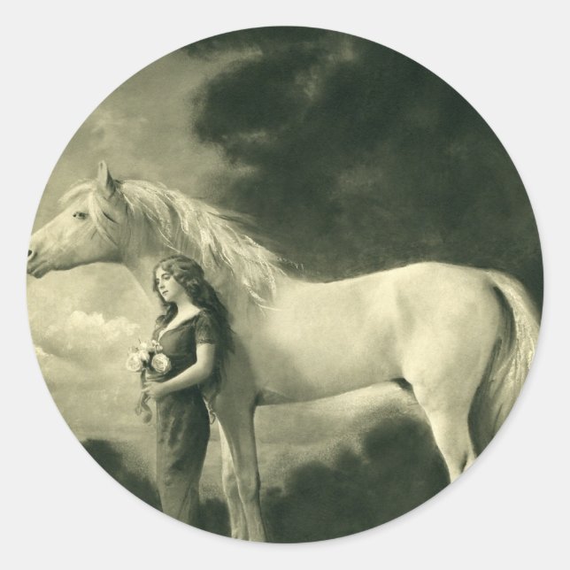 Sticker Rond Femme avec cheval blanc (Devant)