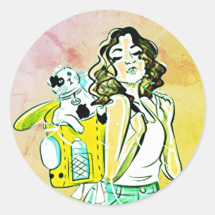 Sticker Rond Femme, Chat, Animal