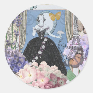 Sticker Rond Femme élégante bleue Robe florale Chic
