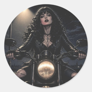 Sticker Rond Femme gothique romantique magnifique sur motocycle