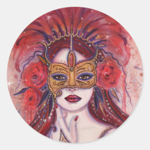 Sticker Rond Femme imaginaire rouge carnaval en masque par Rene