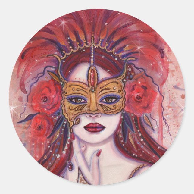 Sticker Rond Femme imaginaire rouge carnaval en masque par Rene (Devant)