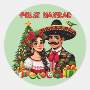 Sticker Rond Femme mexicaine arbre de Noël Feliz Navidad art