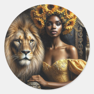 Sticker Rond Femme noire avec couronne de tournesols Lion